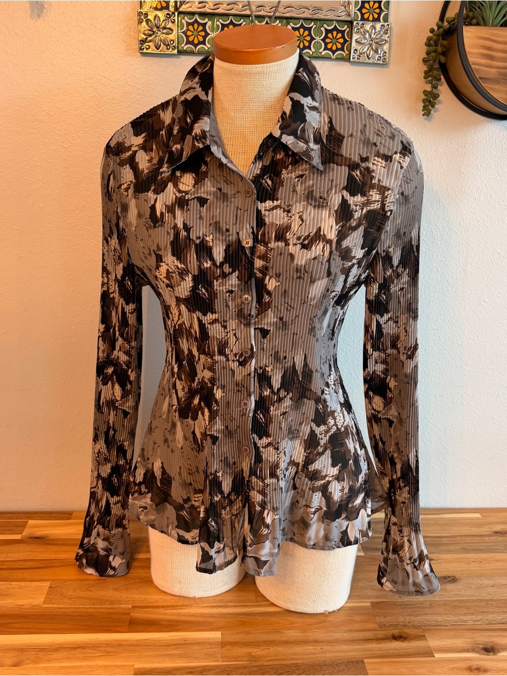 Apt. 9 Petite Plissé Pleated Earthy Abstract Blouse PL